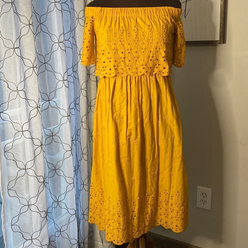 ASOS off the shoulder gold yellow midi dress size 4 eyelet detail cottagecore fe